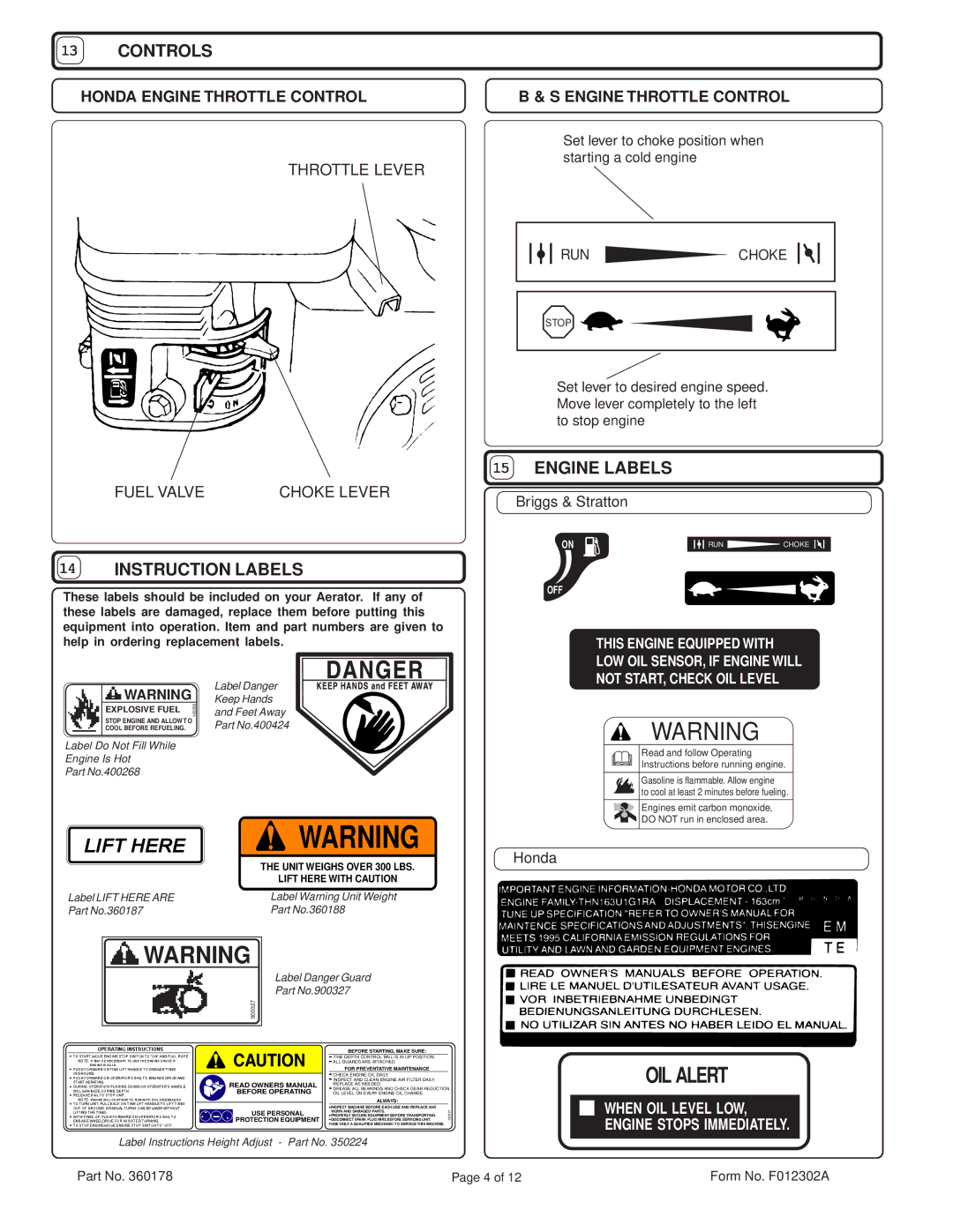 Billy Goat AE550H owner manual Controls, Instruction Labels, Engine Labels, Honda Engine Throttle Control 