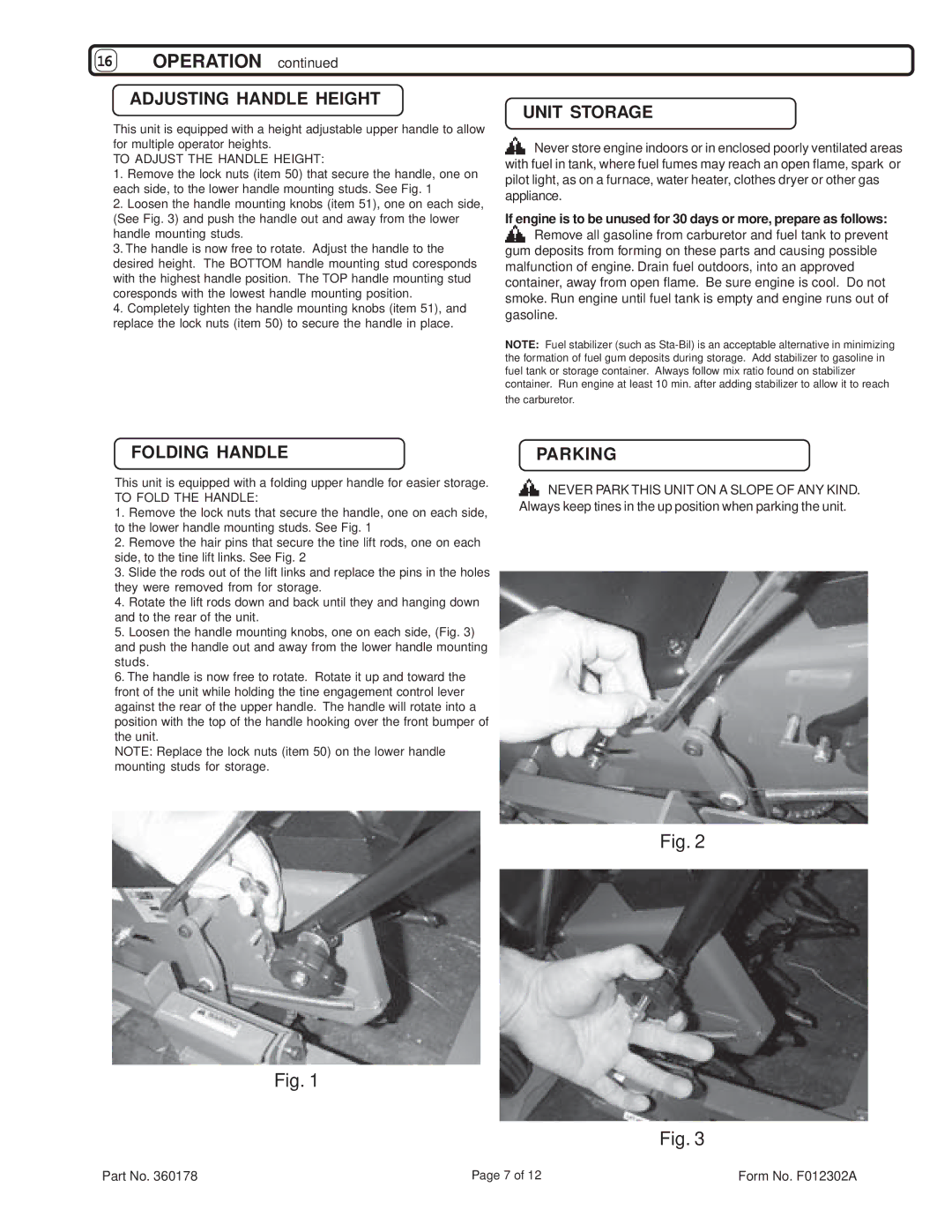 Billy Goat AE550H owner manual Adjusting Handle Height, Unit Storage, Folding Handle, Parking 