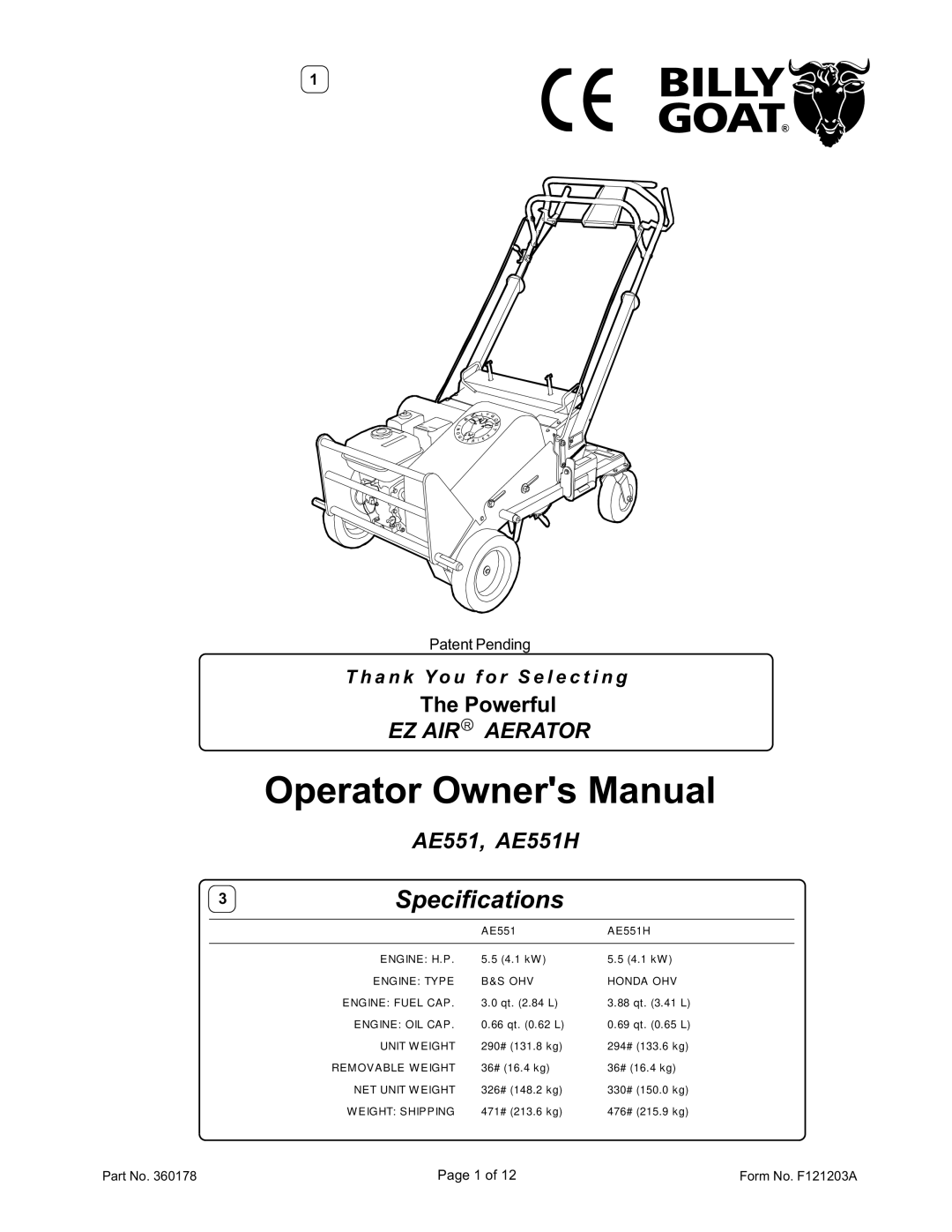 Billy Goat AE551, AE551H owner manual 3Specifications, Form No. F121203A 