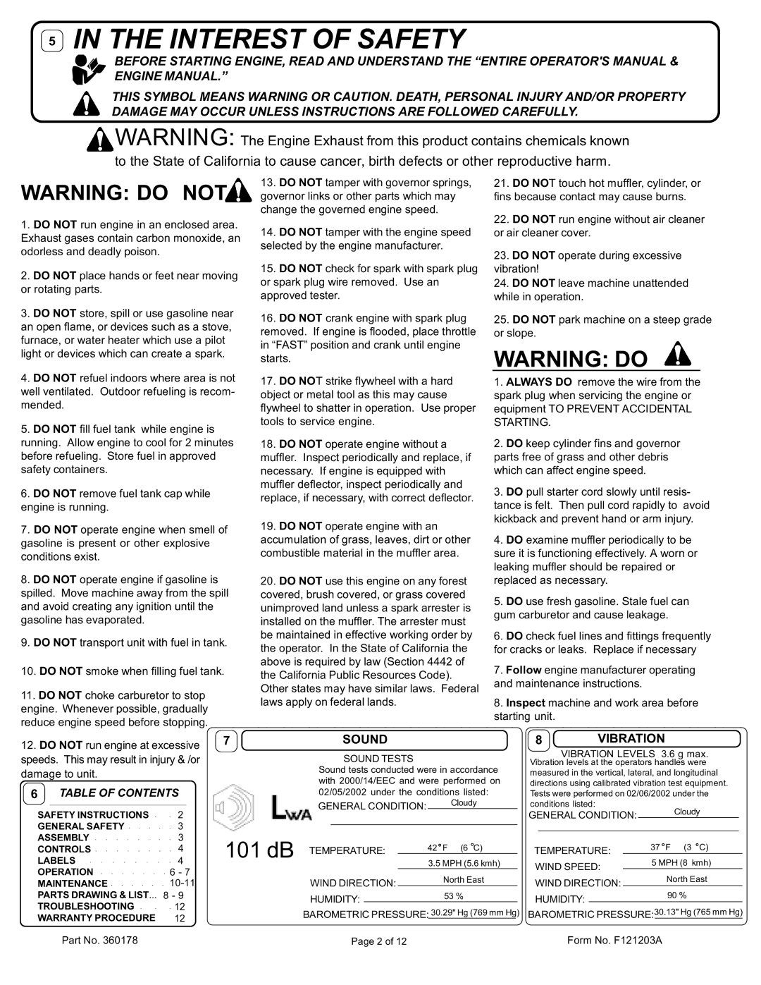 Billy Goat AE551, AE551H owner manual Sound, Vibration, Table of Contents 