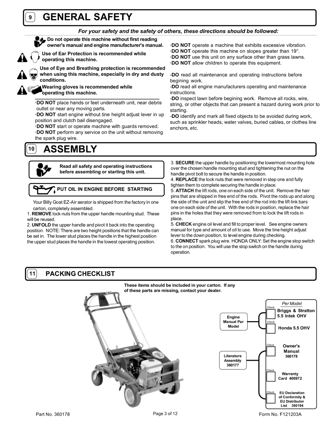 Billy Goat AE551, AE551H Packing Checklist, PUT OIL in Engine Before Starting, Per Model, Briggs & Stratton 5.5 Intek OHV 