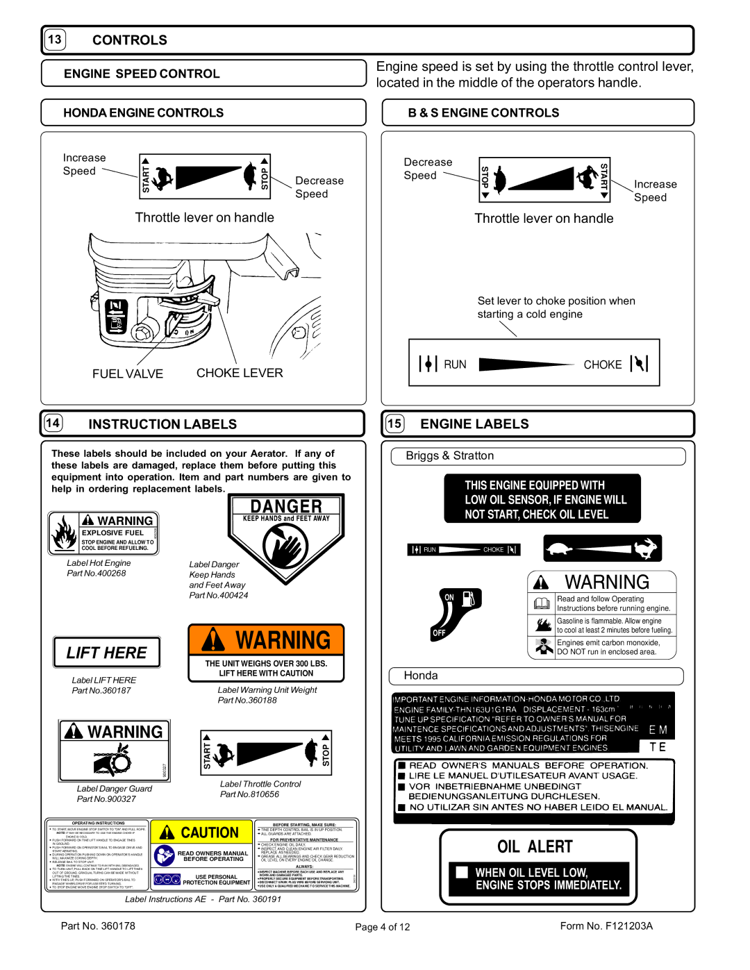 Billy Goat AE551, AE551H owner manual Controls, Instruction Labels, Engine Labels 