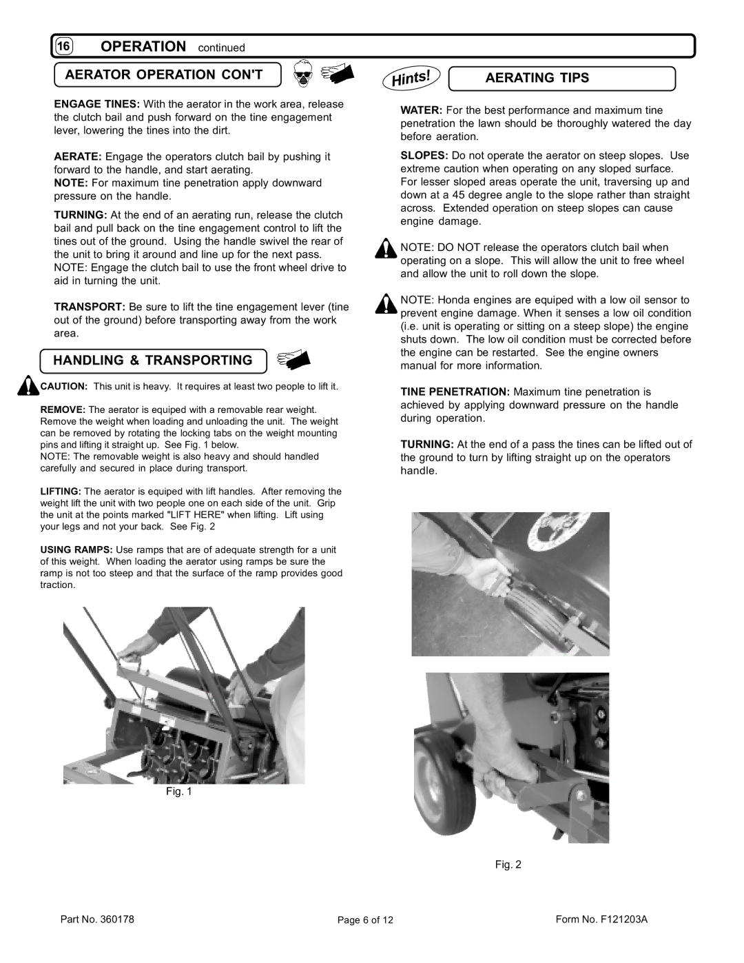 Billy Goat AE551, AE551H owner manual Aerator Operation Aerating Tips, Handling & Transporting 