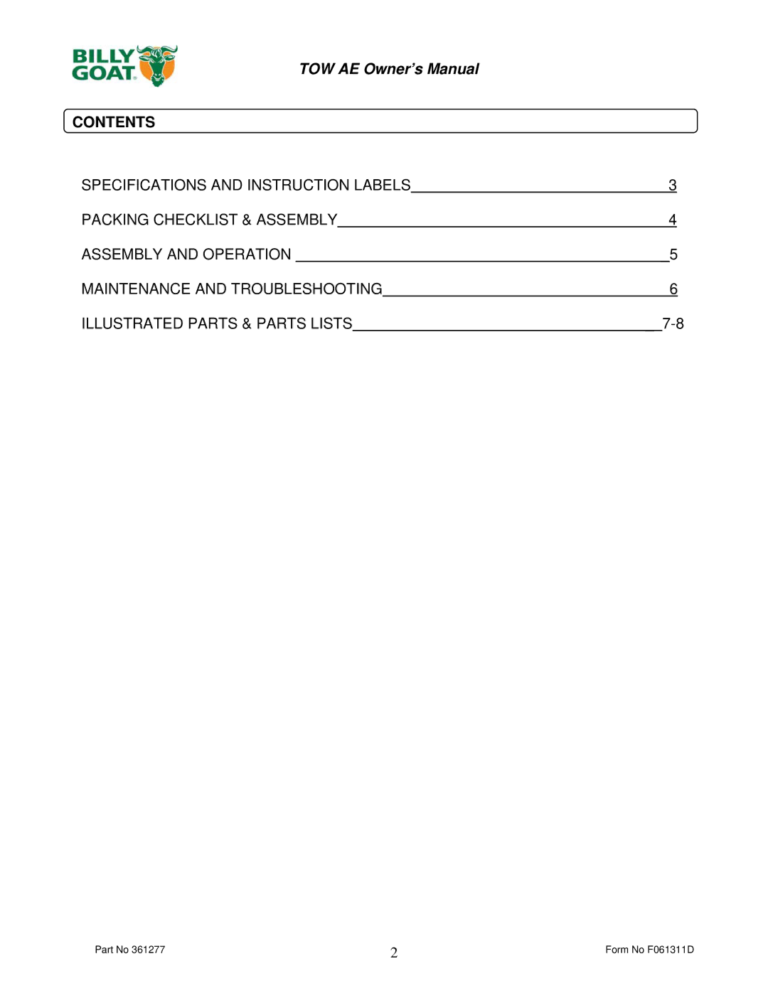 Billy Goat AET48 owner manual Contents 