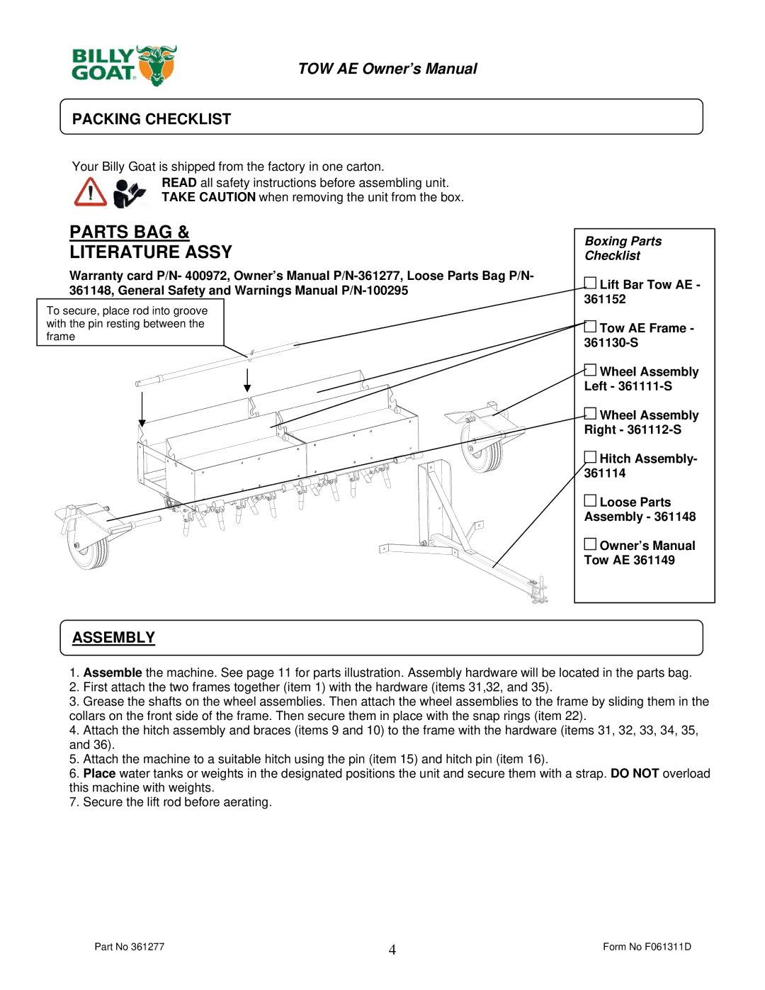 Billy Goat AET48 owner manual Packing Checklist, Assembly 