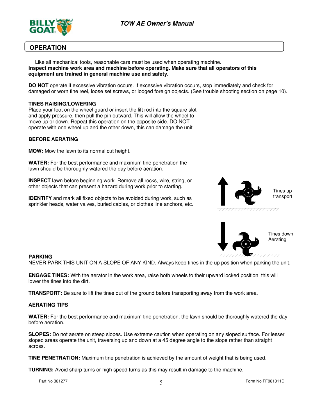 Billy Goat AET48 owner manual Operation, Tines RAISING/LOWERING, Before Aerating, Parking, Aerating Tips 