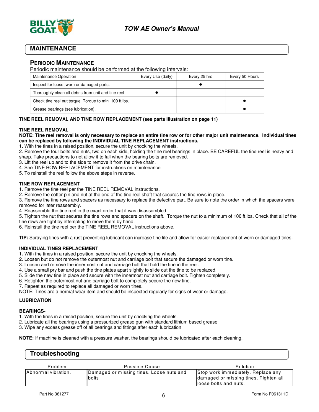 Billy Goat AET48 owner manual Periodic Maintenance 