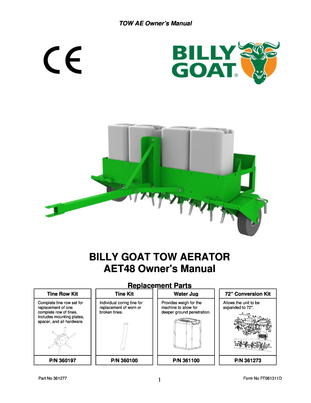 Billy Goat AET48 owner manual Replacement Parts, Tine Row Kit, Tine Kit, Water Jug, Conversion Kit 