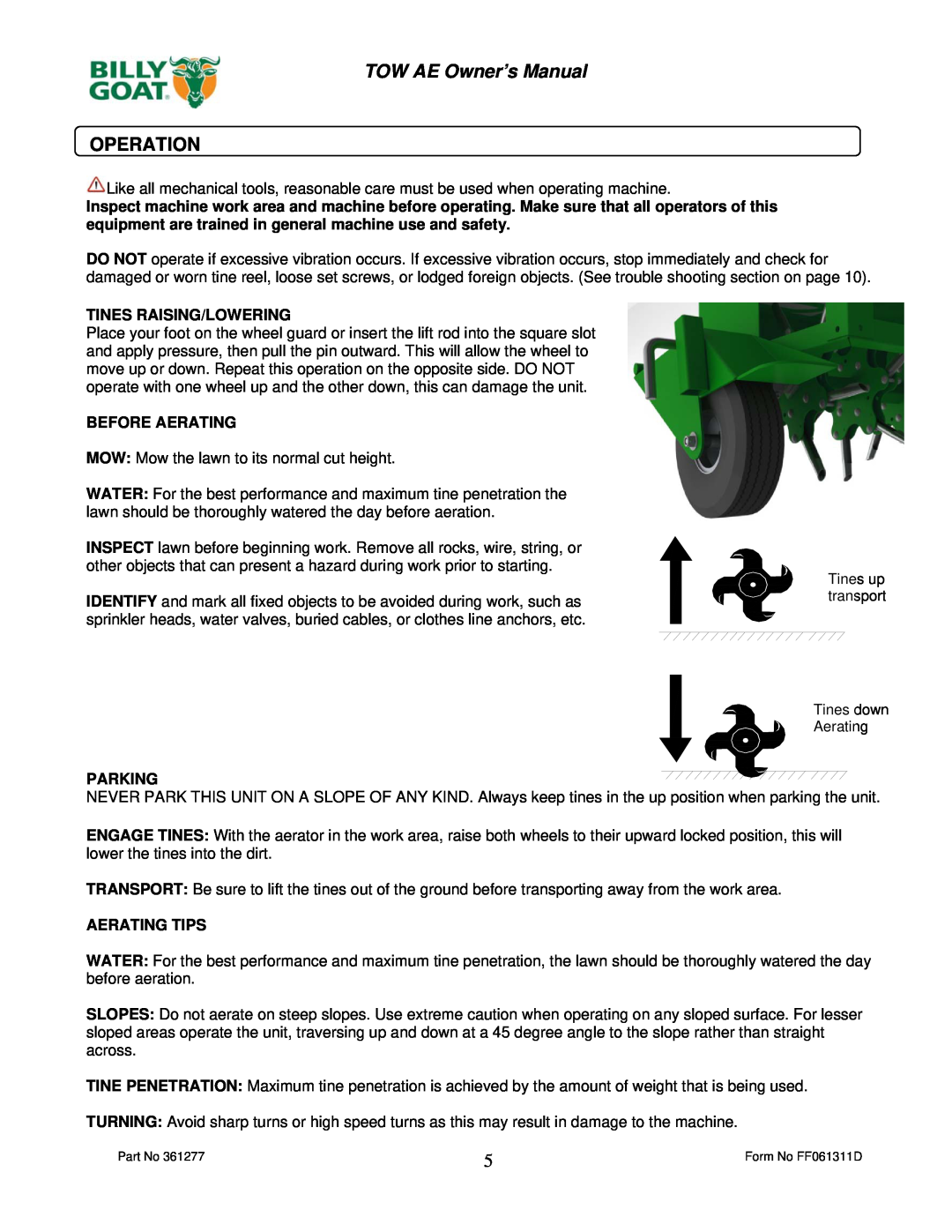 Billy Goat AET48 owner manual Operation, Tines Raising/Lowering, Before Aerating, Parking, Aerating Tips 