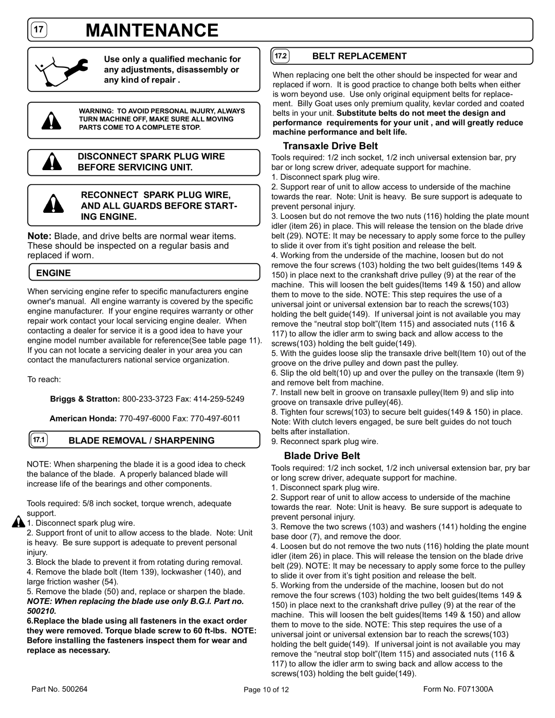 Billy Goat BC2401HE owner manual Belt Replacement, Blade Removal / Sharpening 