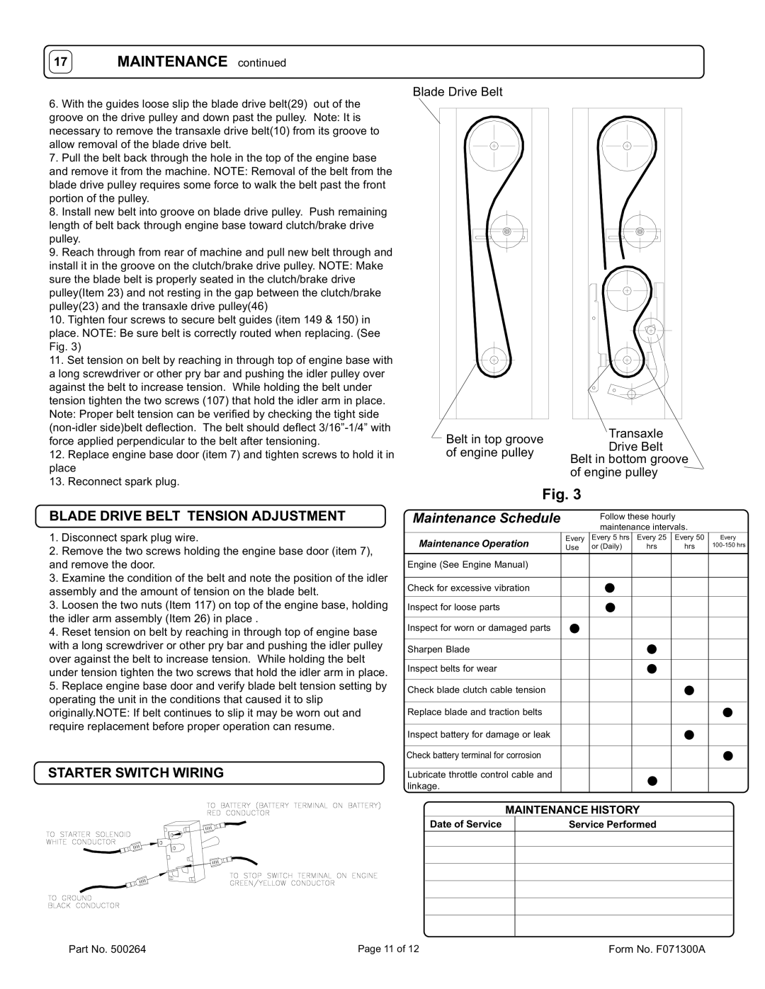 Billy Goat BC2401HE owner manual Blade Drive Belt Tension Adjustment, Starter Switch Wiring, Maintenance Operation 