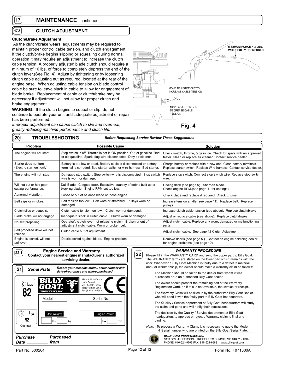 Billy Goat BC2401HE owner manual Clutch Adjustment, Troubleshooting, Warranty Procedure 