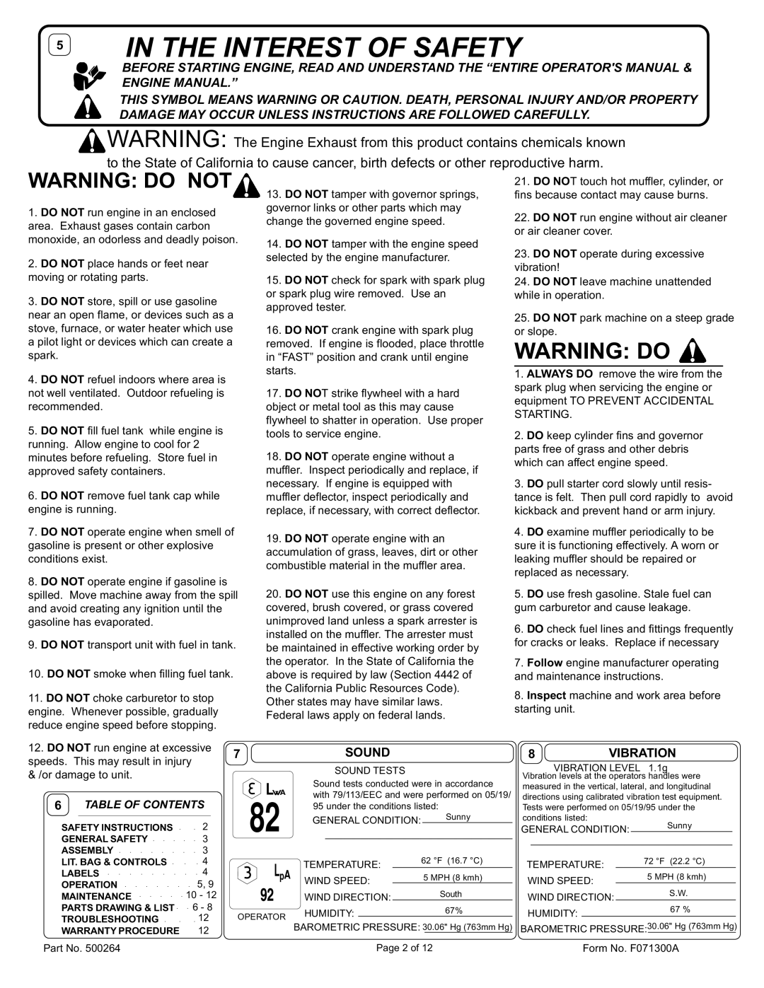 Billy Goat BC2401HE owner manual Interest of Safety, 7SOUND Vibration 