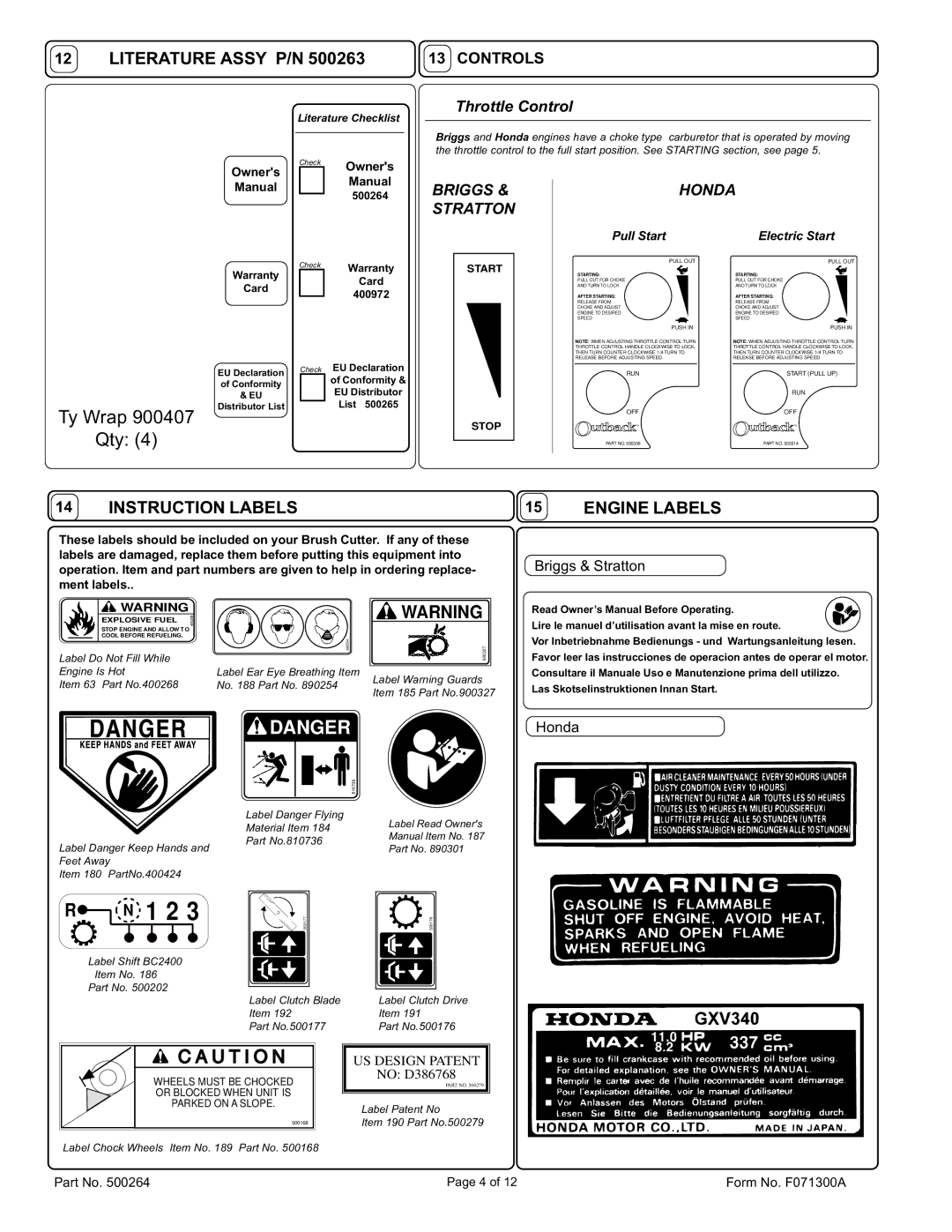 Billy Goat BC2401HE owner manual Ty Wrap Qty, Literature Assy P/N, Instruction Labels, Engine Labels 