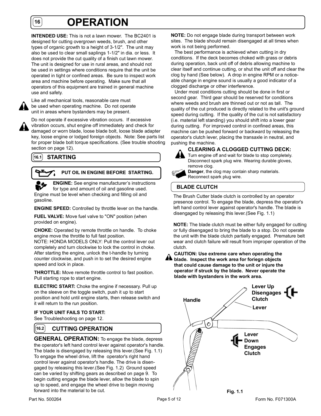 Billy Goat BC2401HE owner manual Starting, Cutting Operation, Clearing a Clogged Cutting Deck, Blade Clutch 