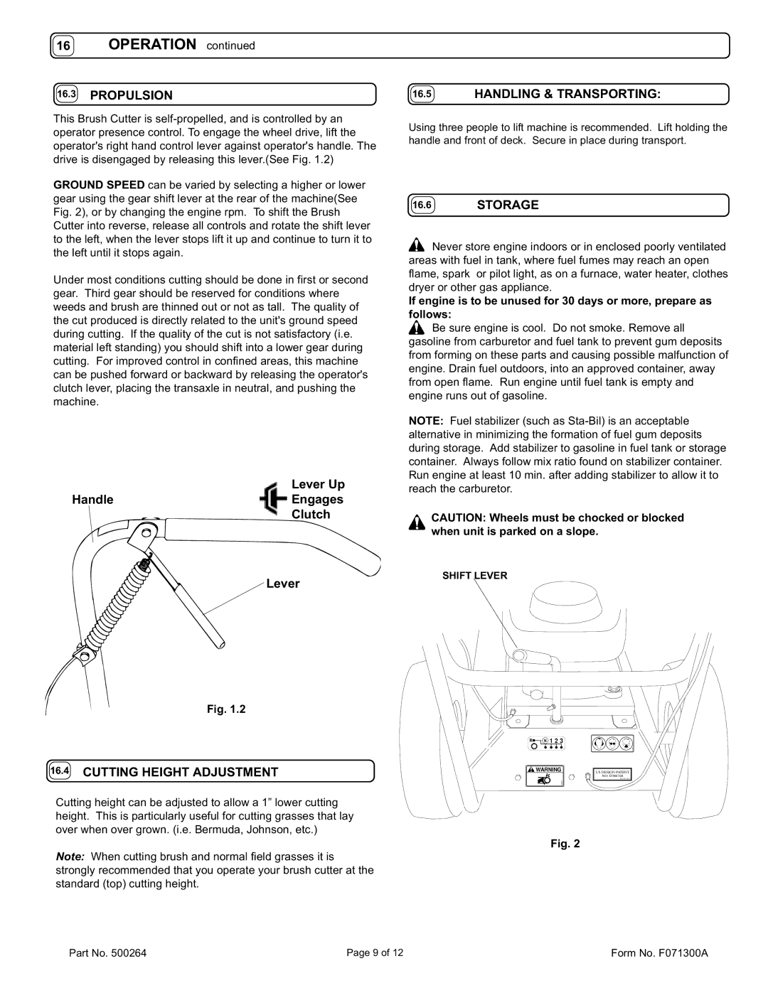 Billy Goat BC2401HE owner manual Operation, Propulsion, Handling & Transporting, Cutting Height Adjustment, Storage 