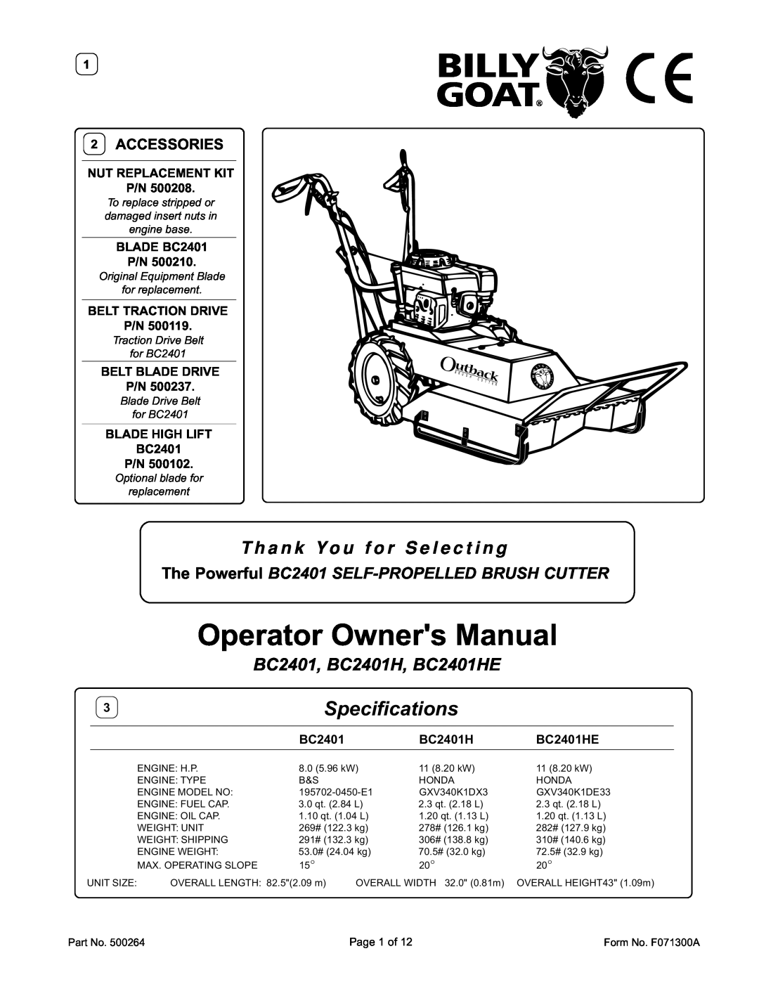Billy Goat owner manual BC2401, BC2401H, BC2401HE, 2ACCESSORIES, Specifications 