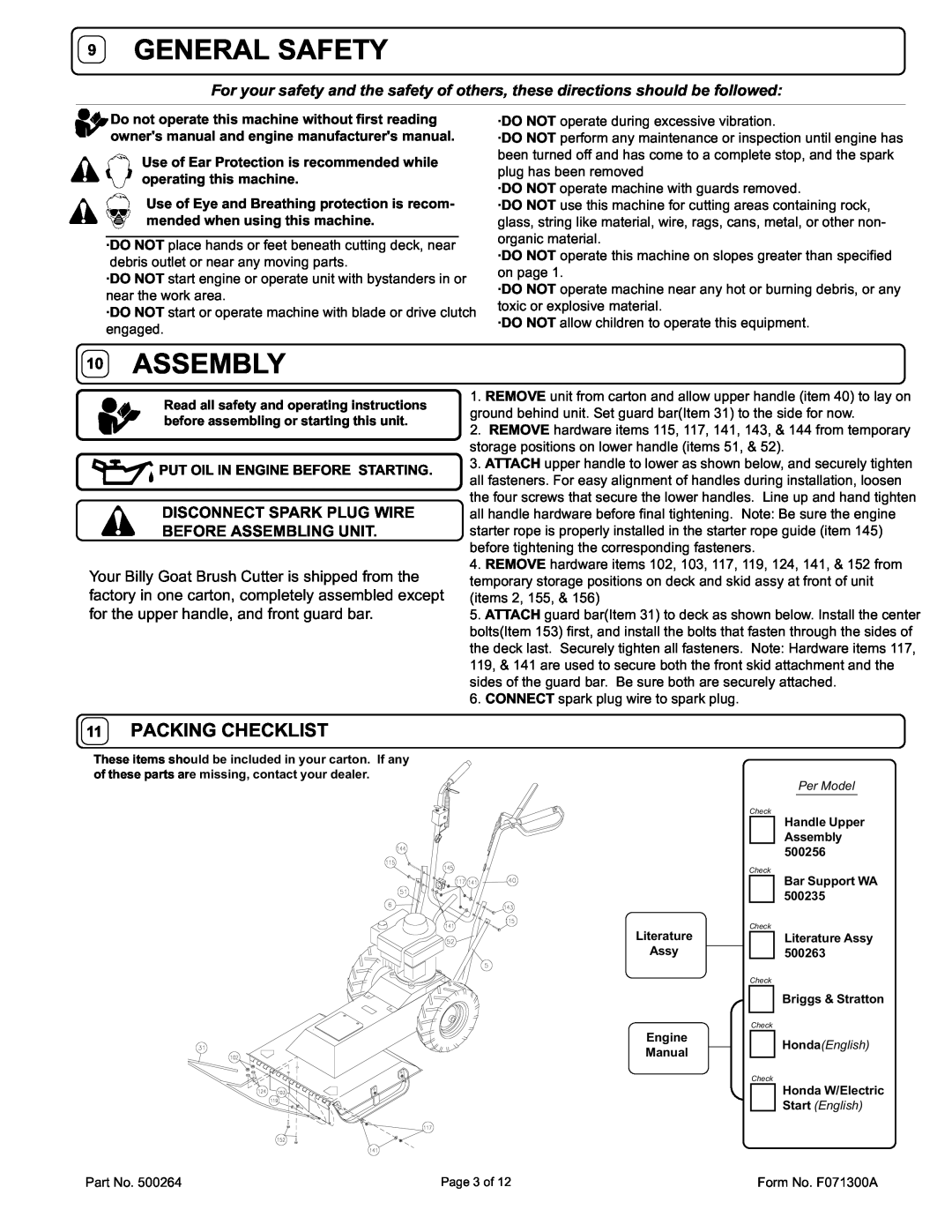 Billy Goat BC2401HE owner manual 9GENERAL SAFETY, 10ASSEMBLY, 11PACKING CHECKLIST 