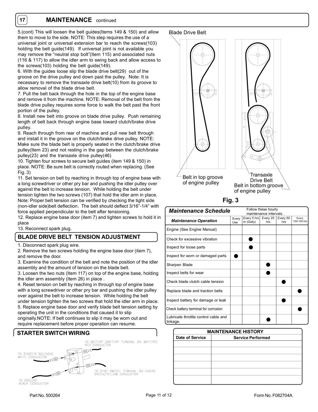 Billy Goat BC2402IC, BC2402H, BC2402HE, BC2402ICE Maintenance, Blade Drive Belt Tension Adjustment, Starter Switch Wiring 