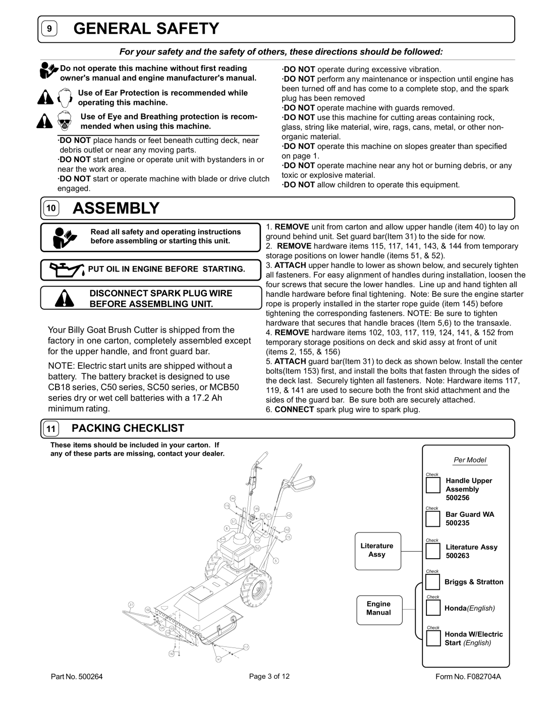 Billy Goat BC2402IC, BC2402H, BC2402HE, BC2402ICE owner manual Disconnect Spark Plug Wire Before Assembling Unit 