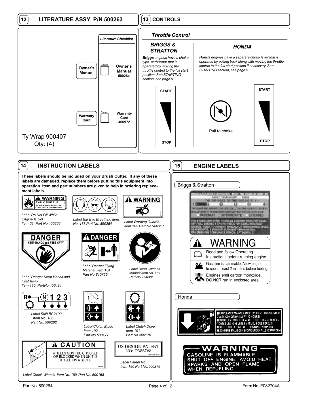 Billy Goat BC2401IC, BC2402H, BC2402HE owner manual Ty Wrap Qty, Literature Assy P/N, Instruction Labels, Engine Labels 