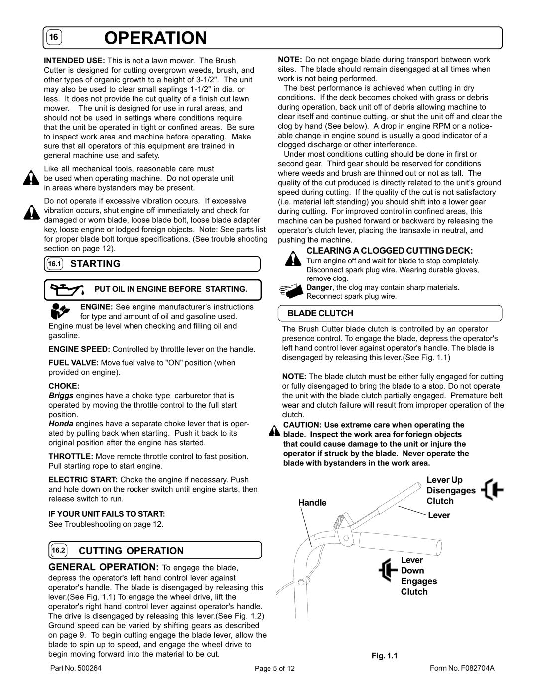 Billy Goat BC2402IC, BC2402H, BC2402HE, BC2402ICE owner manual Starting, Cutting Operation, Clearing a Clogged Cutting Deck 