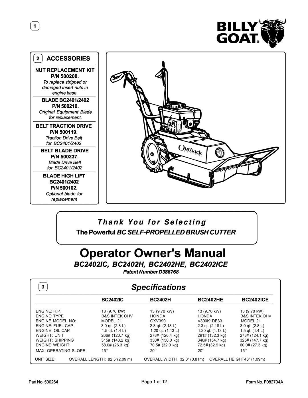 Billy Goat BC2402IC, BC2402H, BC2402HE, BC2402ICE owner manual Specifications, Accessories, Operator Owners Manual 