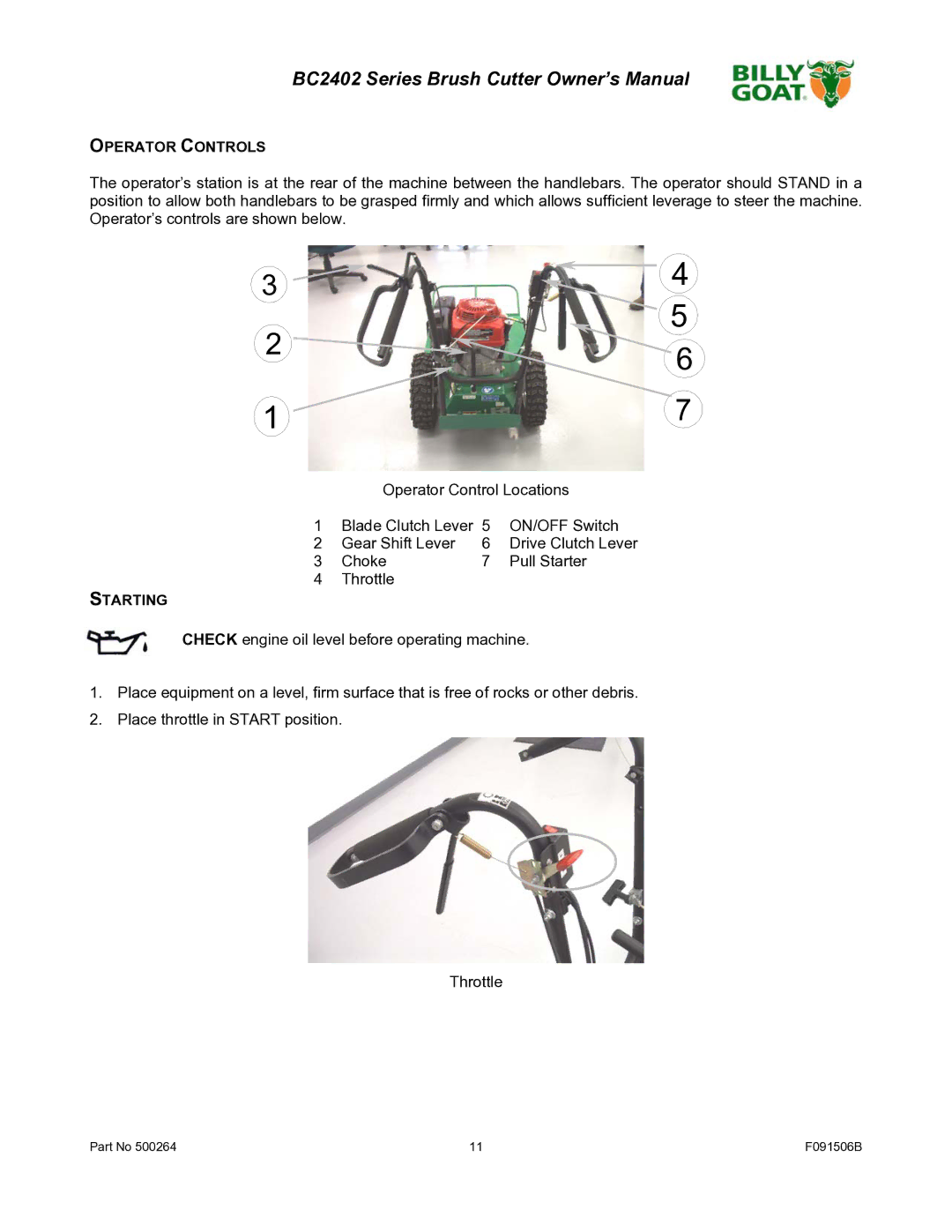 Billy Goat BC2402 owner manual Operator Controls, Starting 