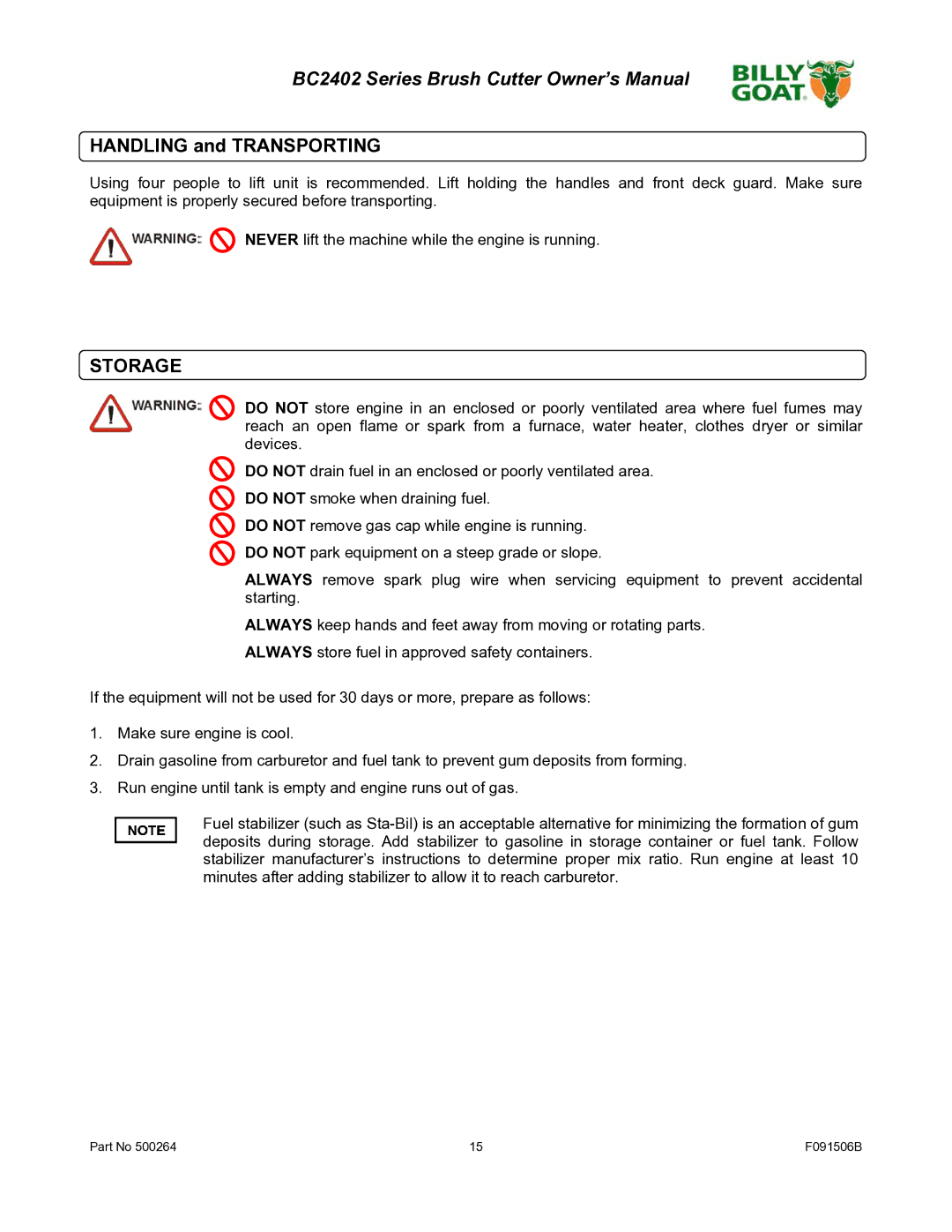 Billy Goat BC2402 owner manual Handling and Transporting, Storage 