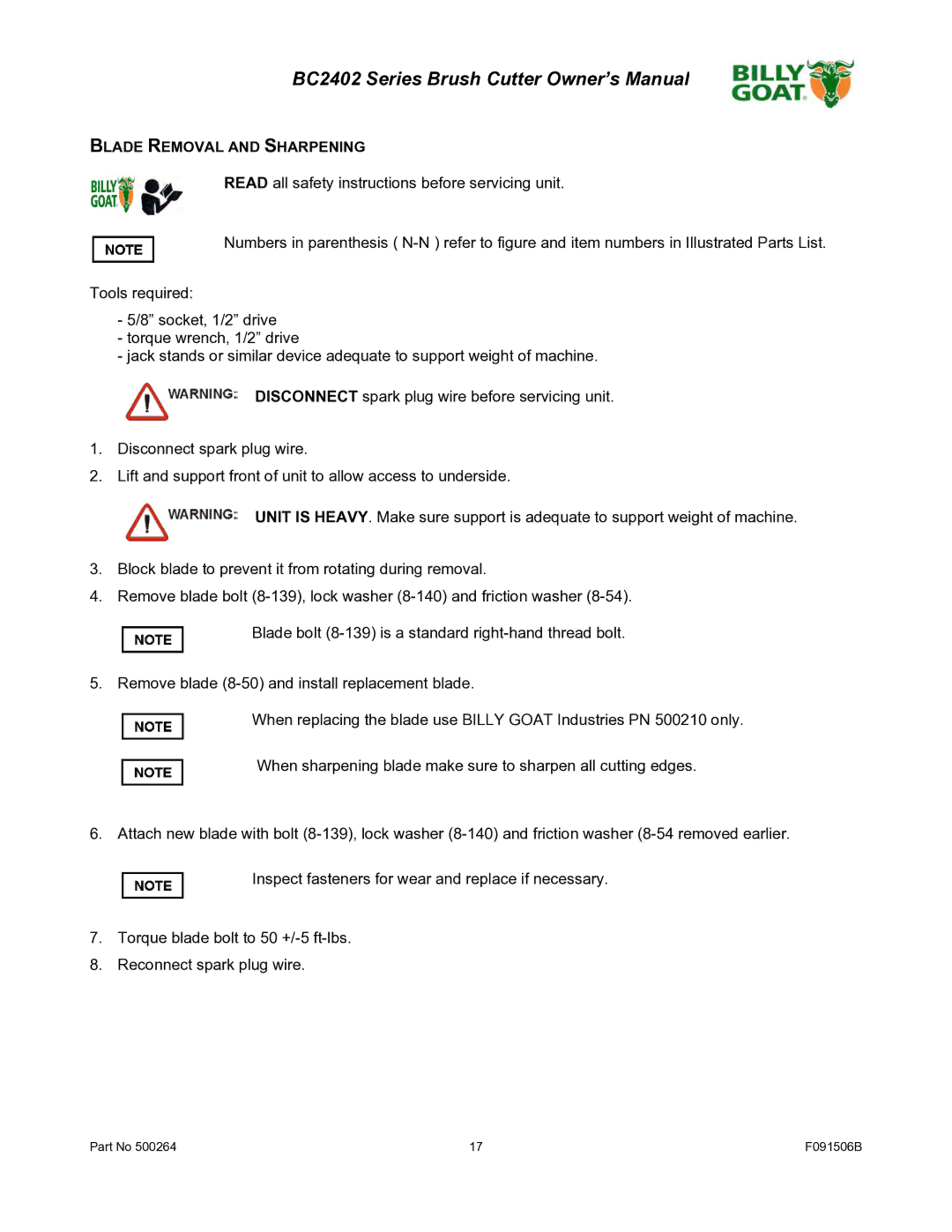 Billy Goat BC2402 owner manual Blade Removal and Sharpening 