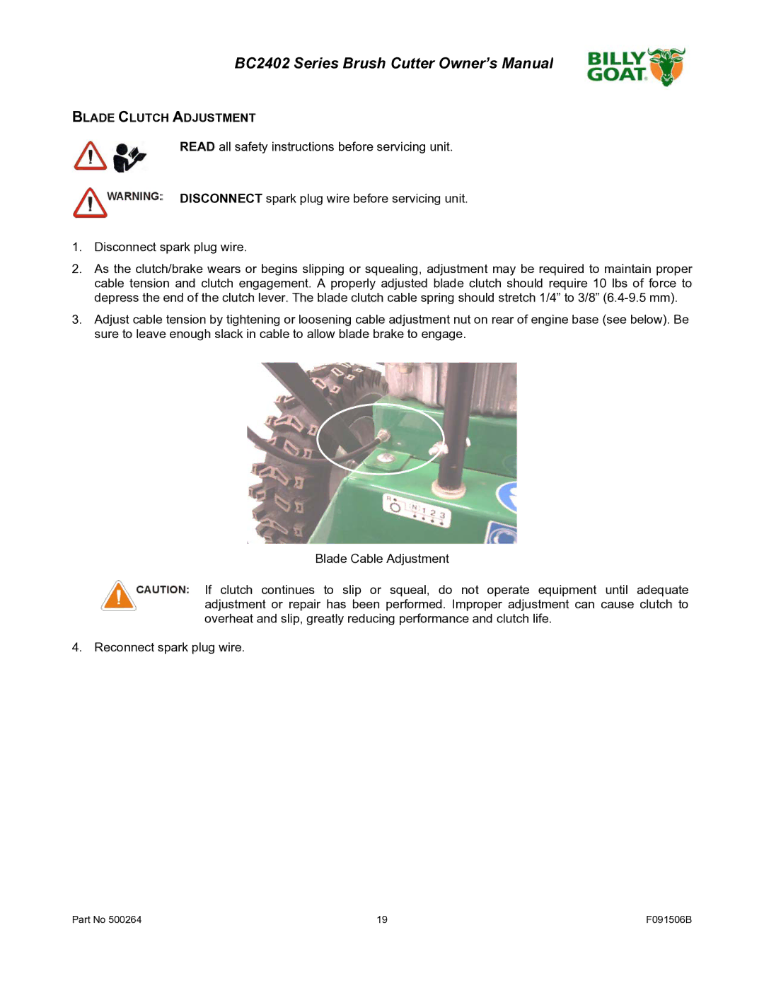 Billy Goat BC2402 owner manual Blade Clutch Adjustment 