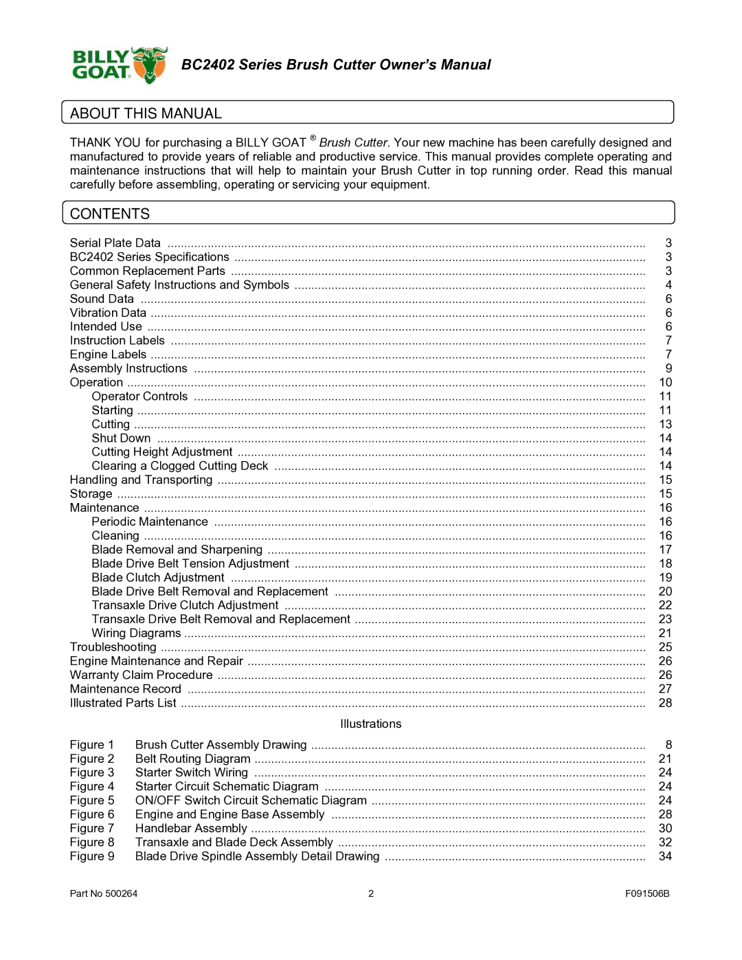 Billy Goat BC2402 owner manual About this Manual, Contents 