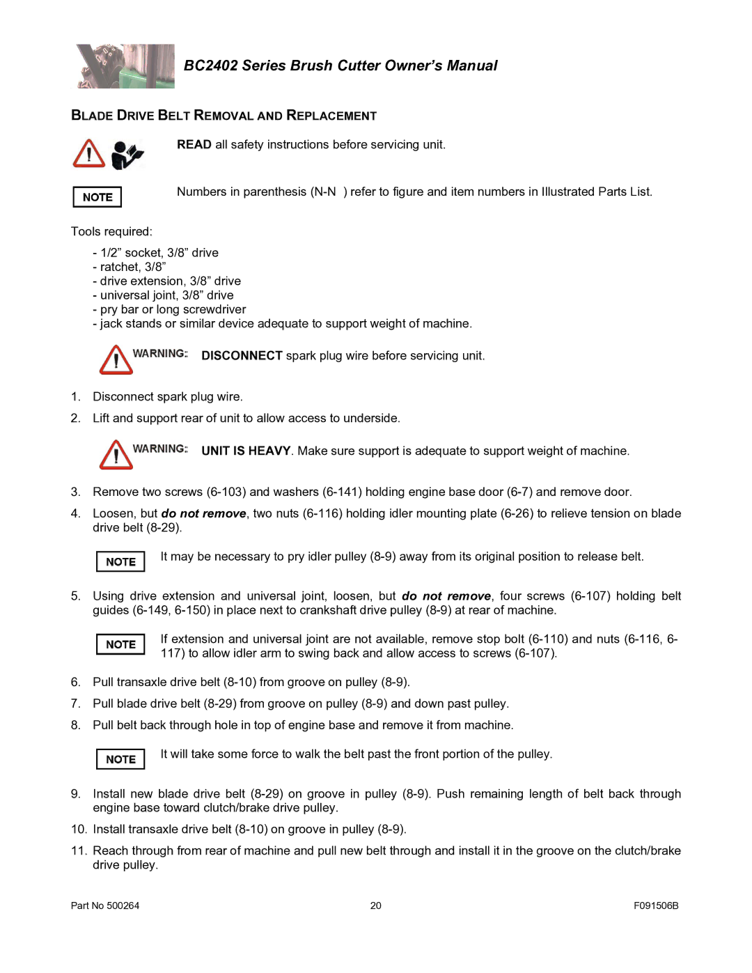 Billy Goat BC2402 owner manual Blade Drive Belt Removal and Replacement 