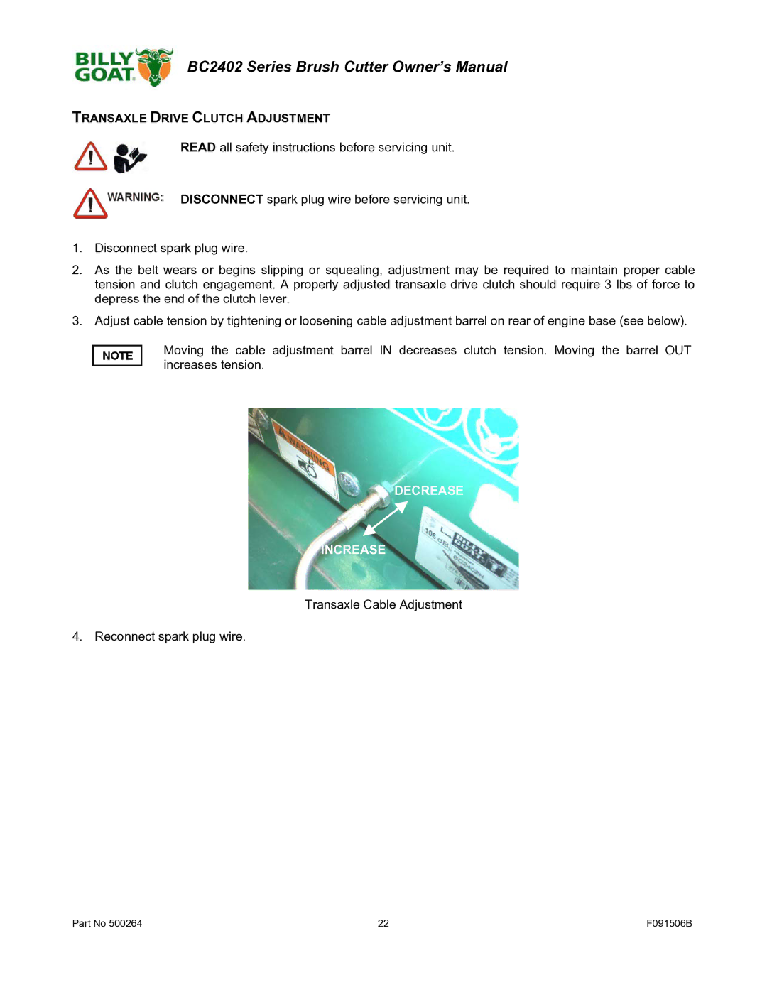 Billy Goat BC2402 owner manual Transaxle Drive Clutch Adjustment, Decrease Increase 