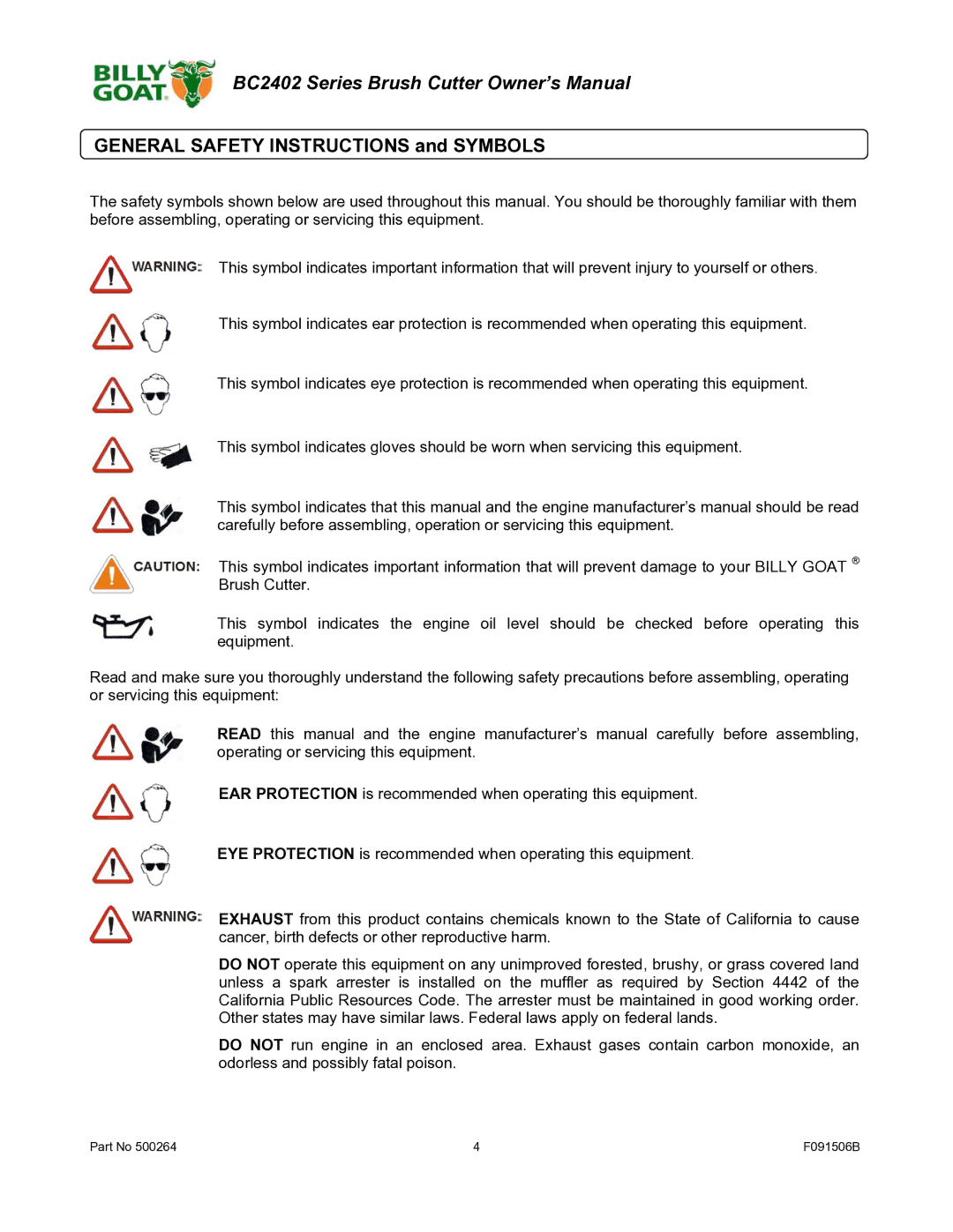 Billy Goat BC2402 owner manual General Safety Instructions and Symbols 