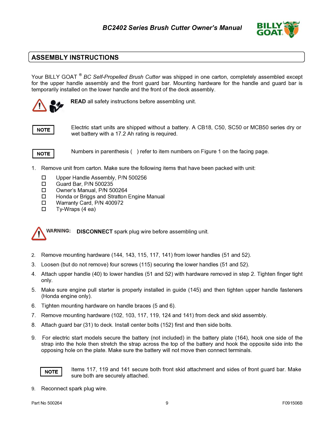 Billy Goat BC2402 owner manual Assembly Instructions 