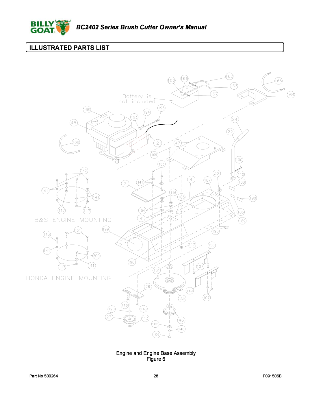 Billy Goat BC2402 owner manual Illustrated Parts List, Engine and Engine Base Assembly 