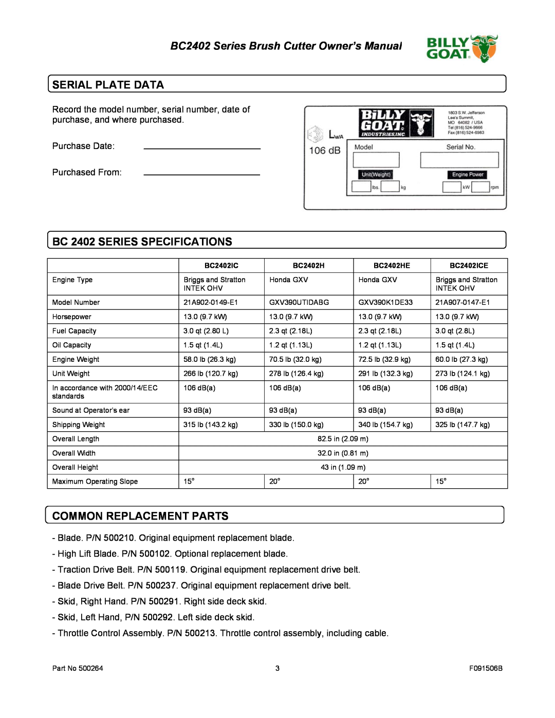 Billy Goat BC2402 owner manual Serial Plate Data, BC 2402 SERIES SPECIFICATIONS, Common Replacement Parts 
