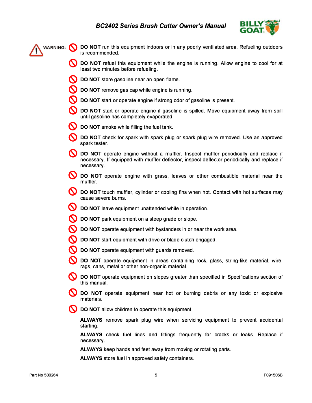 Billy Goat BC2402 owner manual DO NOT store gasoline near an open flame 