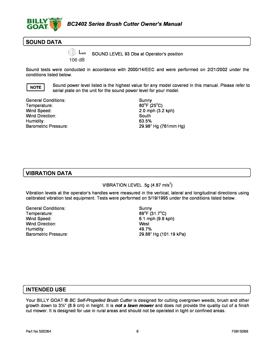 Billy Goat BC2402 owner manual Sound Data, Vibration Data, Intended Use 