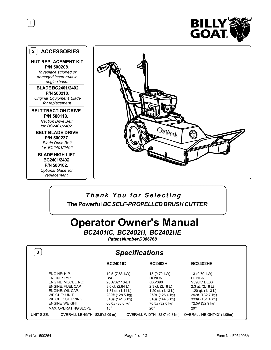 Billy Goat BC2401IC, BC2402H owner manual NUT Replacement KIT, Belt Traction Drive, Belt Blade Drive, Blade High Lift 