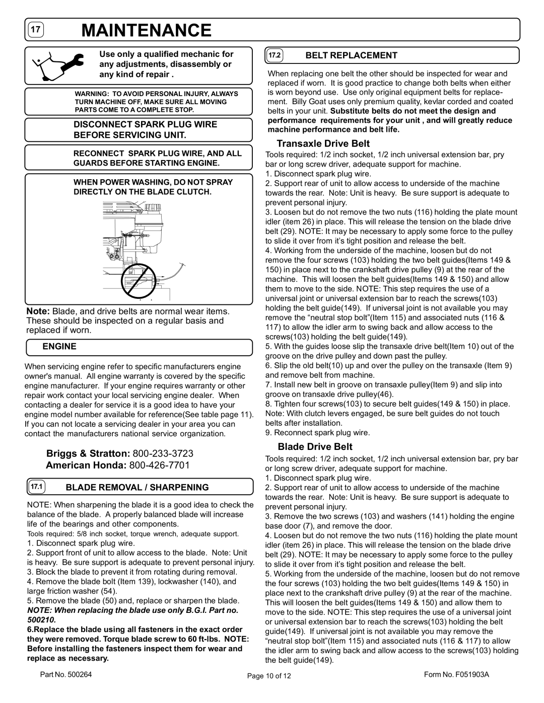 Billy Goat BC2401IC Disconnect Spark Plug Wire Before Servicing Unit, Engine, Blade Removal / Sharpening, Belt Replacement 