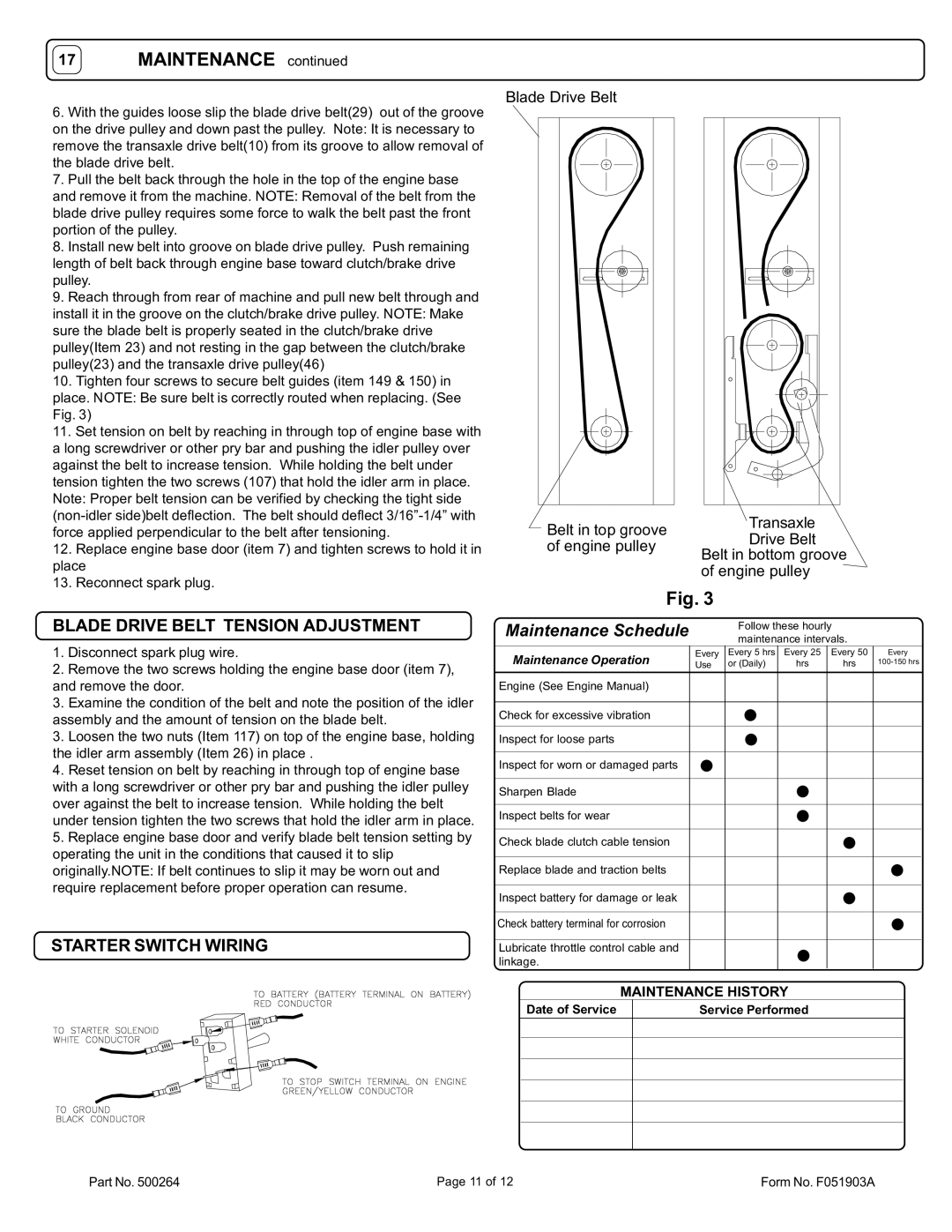 Billy Goat BC2402HE, BC2401IC Blade Drive Belt Tension Adjustment, Starter Switch Wiring, Maintenance Operation 