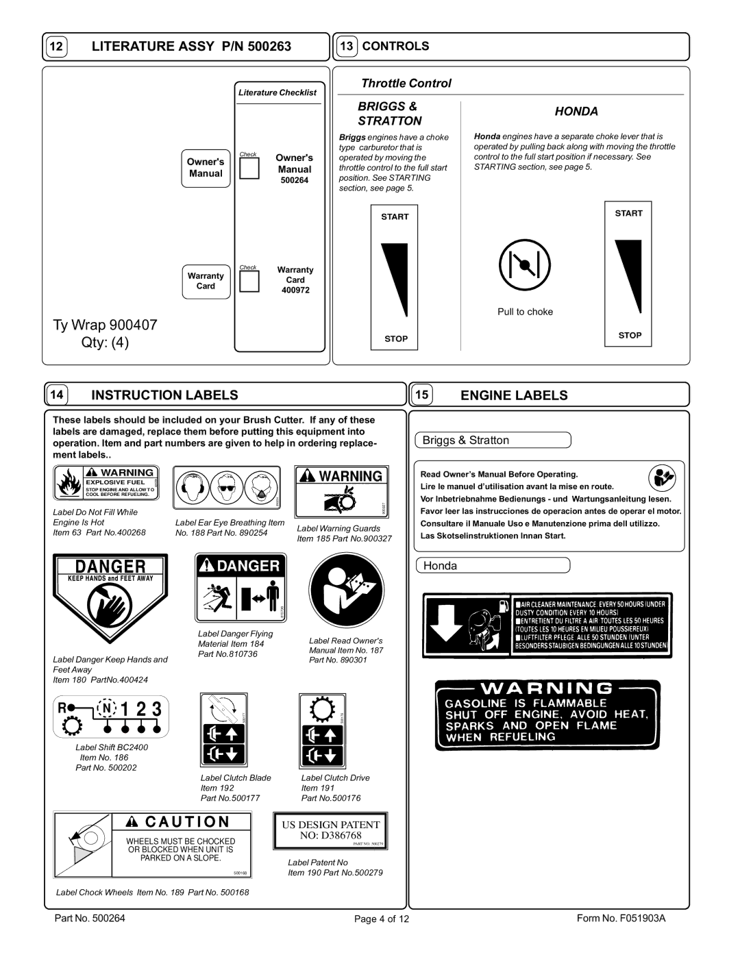 Billy Goat BC2401IC, BC2402HE owner manual Ty Wrap Qty, Literature Assy P/N, Instruction Labels, Engine Labels 