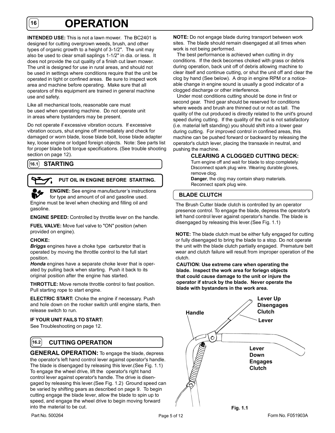 Billy Goat BC2402HE, BC2401IC owner manual Starting, Cutting Operation, Clearing a Clogged Cutting Deck, Blade Clutch 