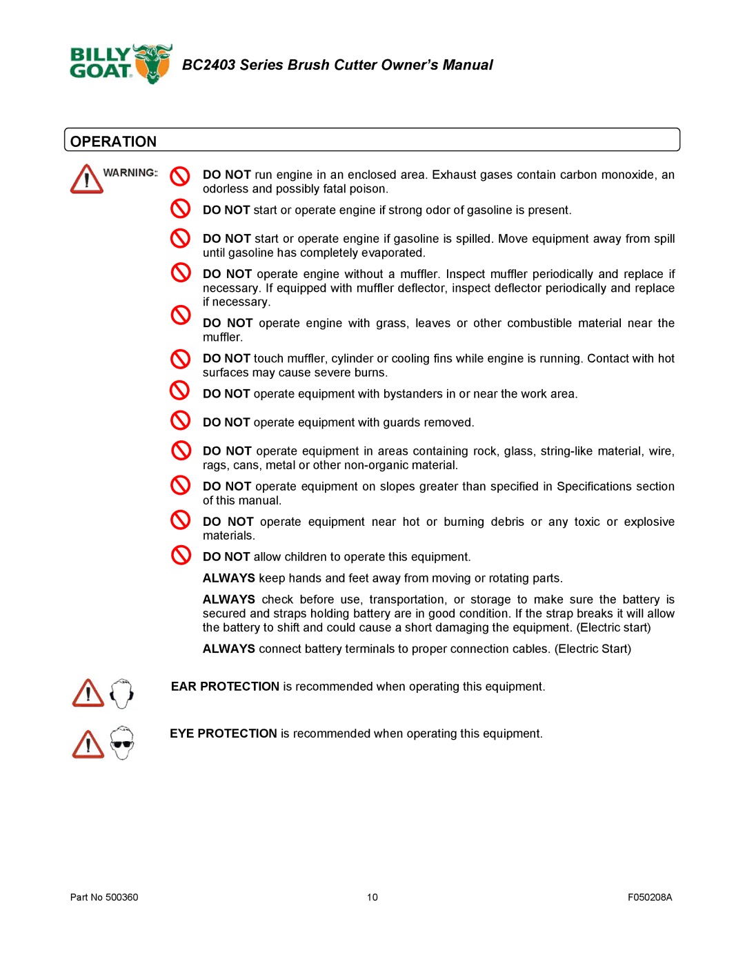 Billy Goat BC2403 Series owner manual Operation 