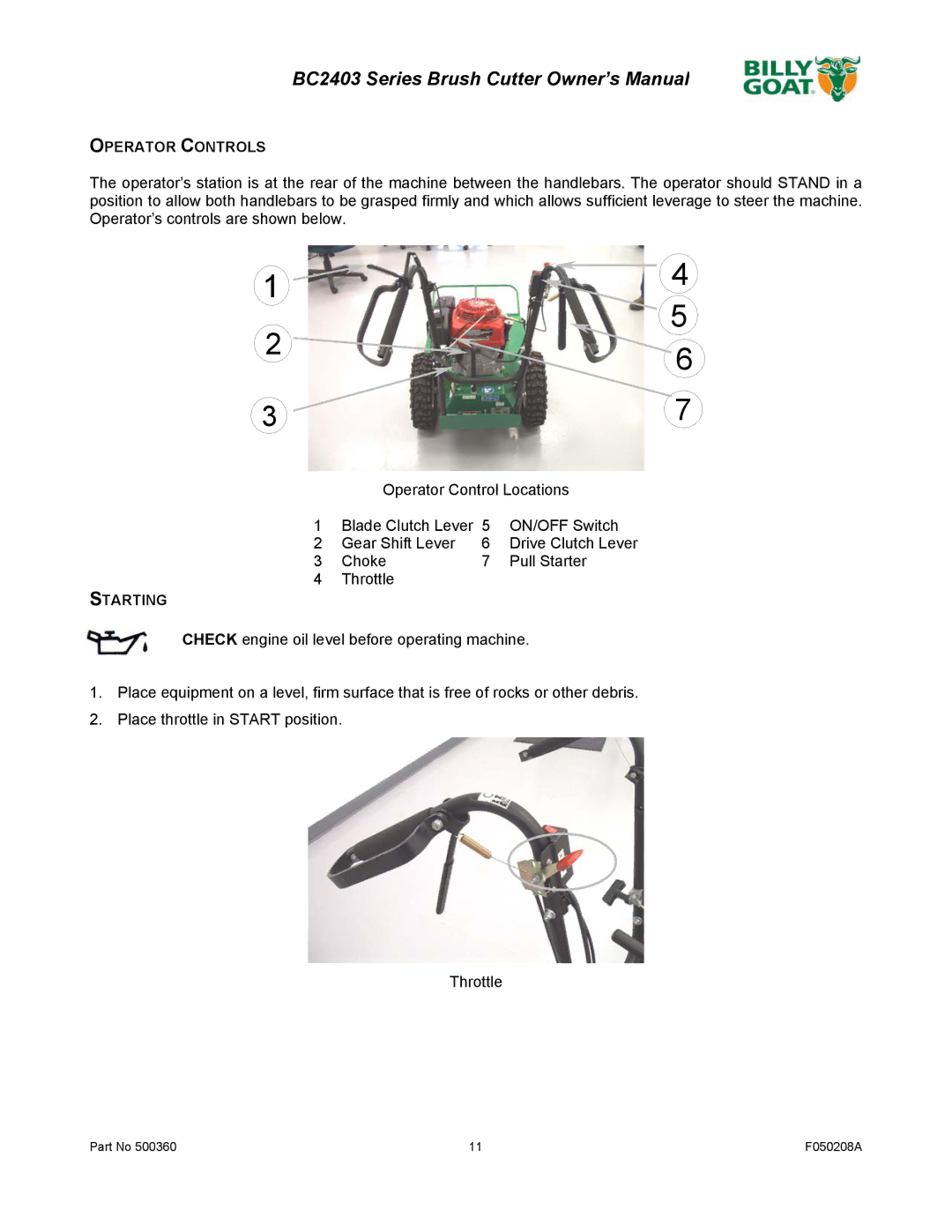 Billy Goat BC2403 Series owner manual Operator Controls, Starting 