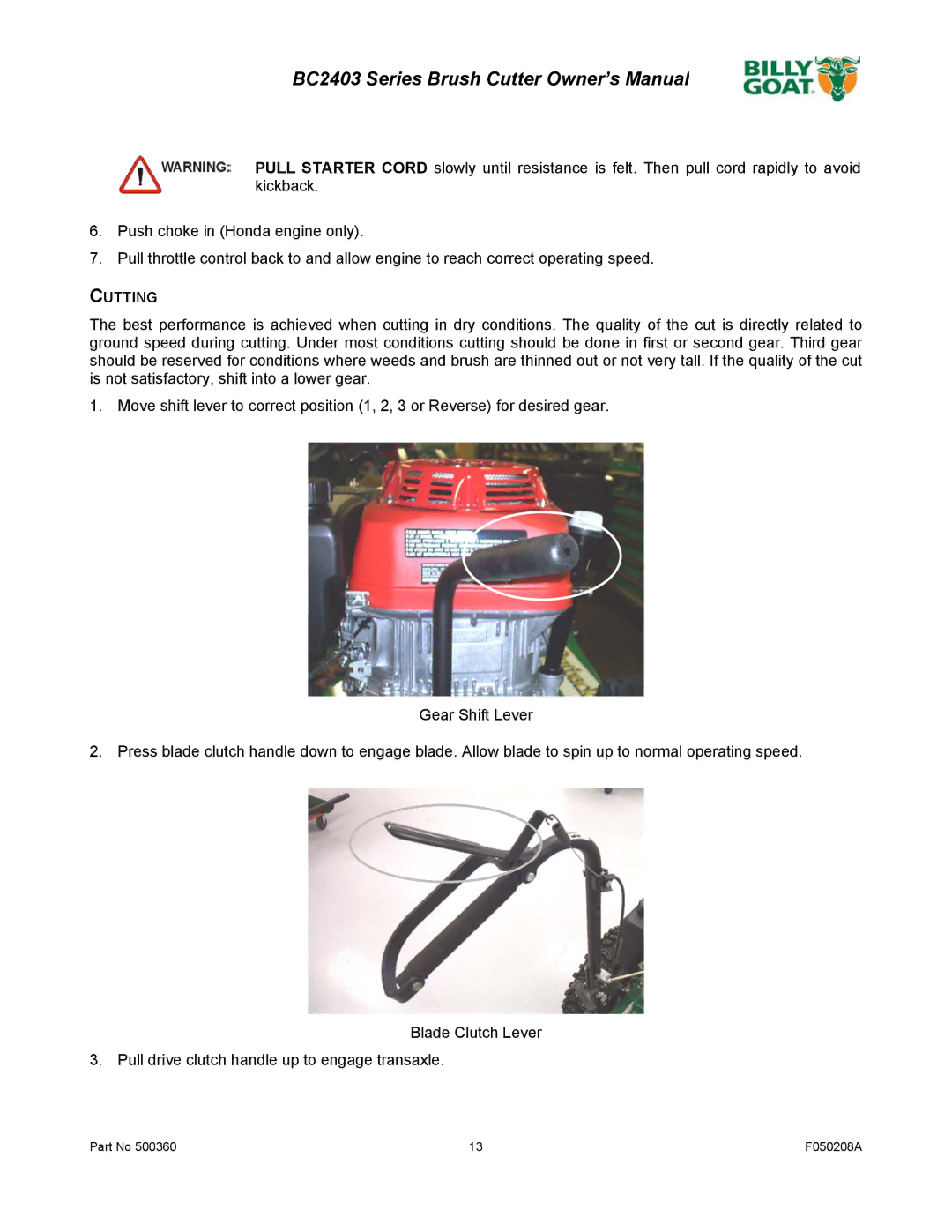 Billy Goat BC2403 Series owner manual Cutting 