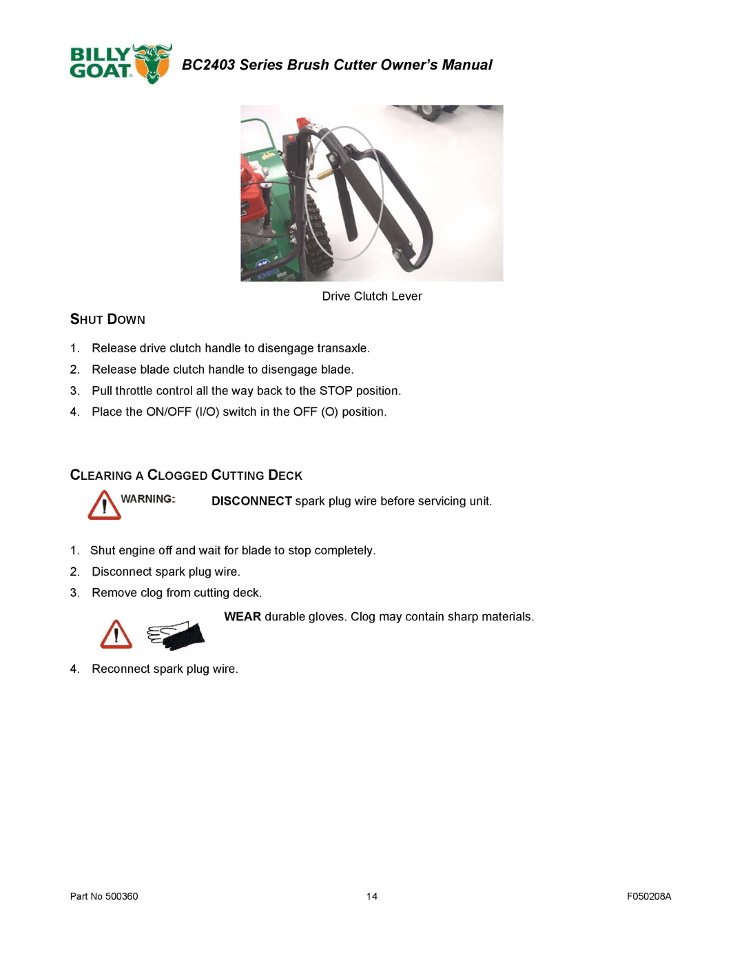 Billy Goat BC2403 Series owner manual Shut Down, Clearing a Clogged Cutting Deck 