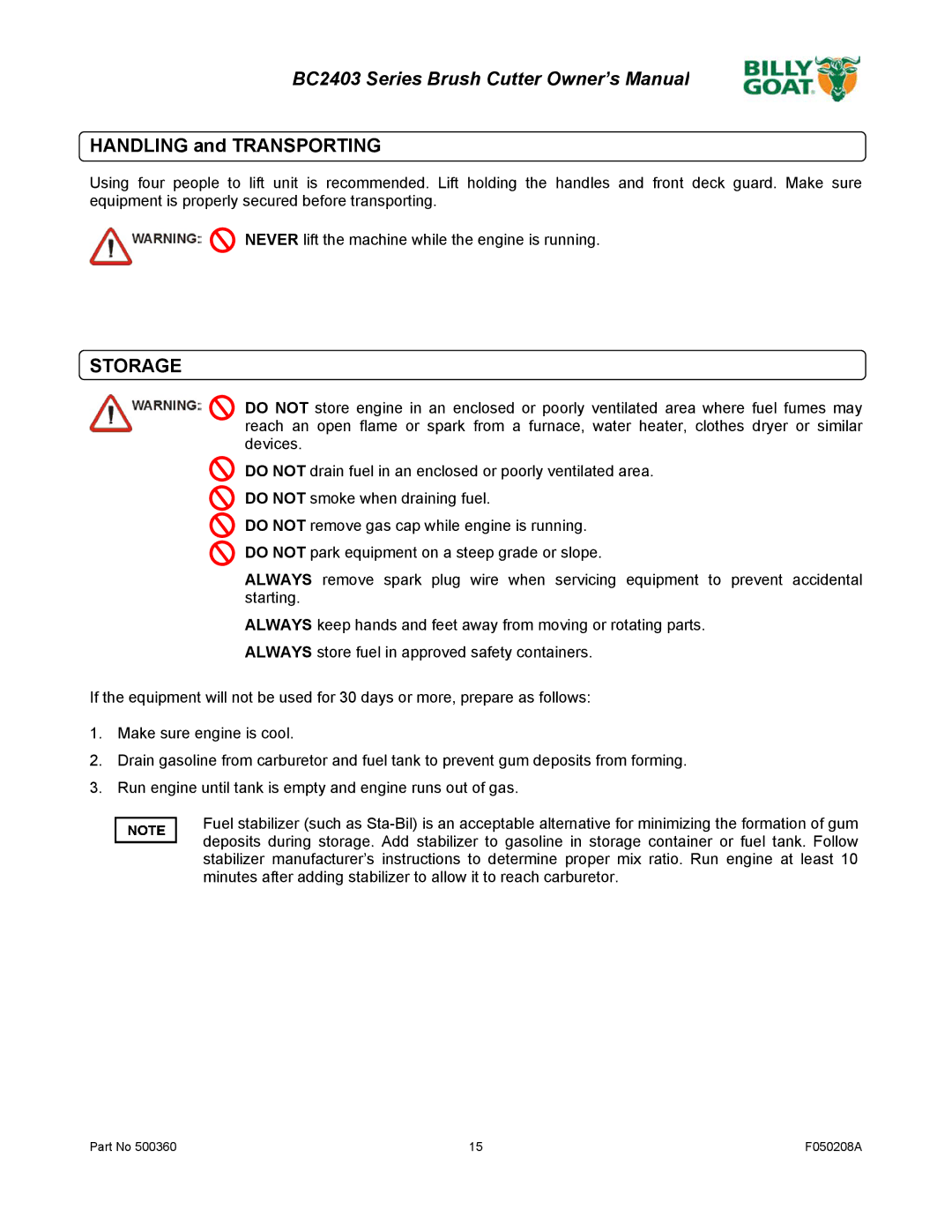 Billy Goat BC2403 Series owner manual Handling and Transporting, Storage 